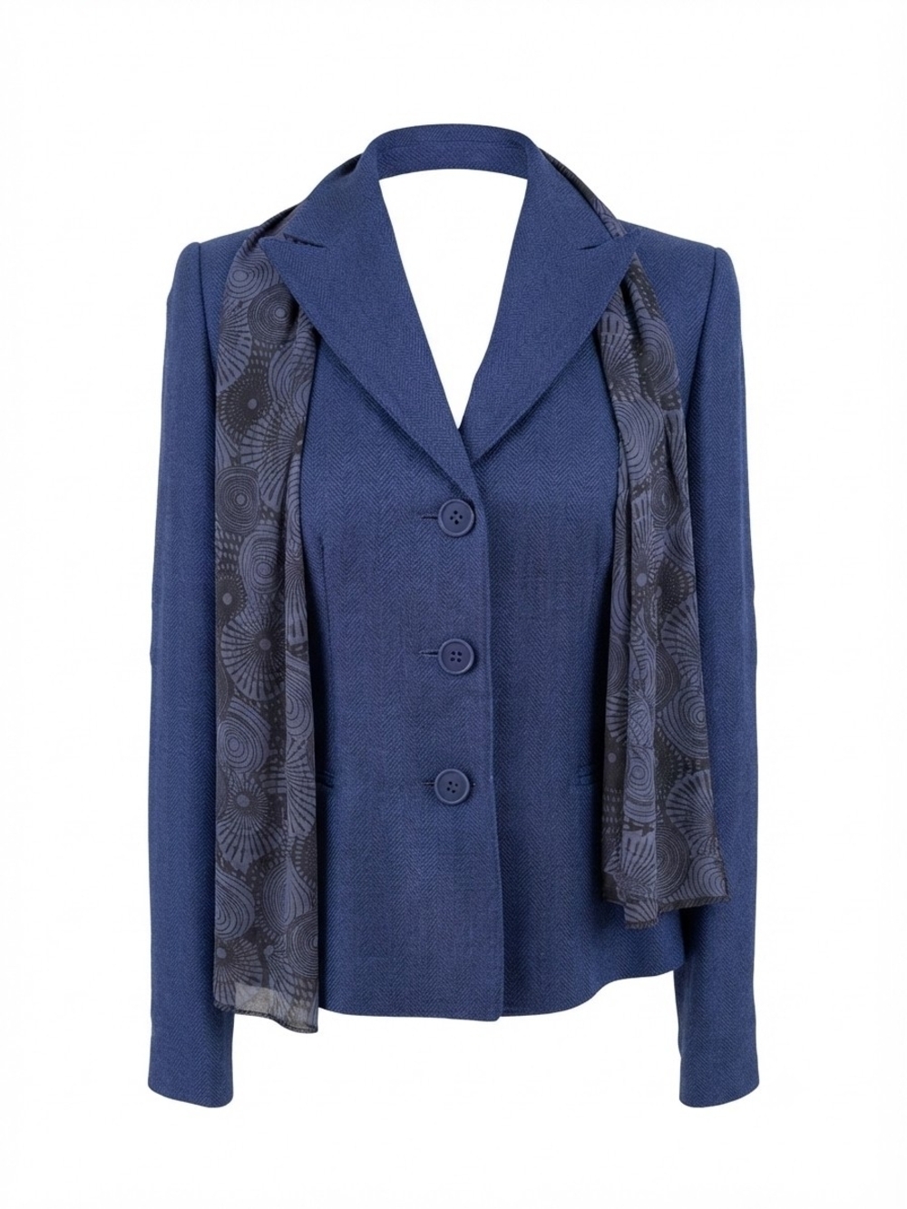 Le Suit Navy Blue Tailored Button Blazer with Patterned Scarf